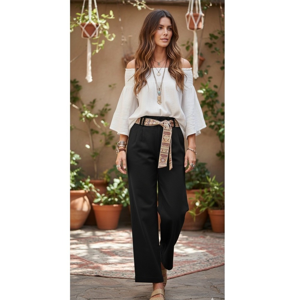 Scandal Italy NWT Aspen Black Wide Leg Pants‎ Embellished Belt Medium